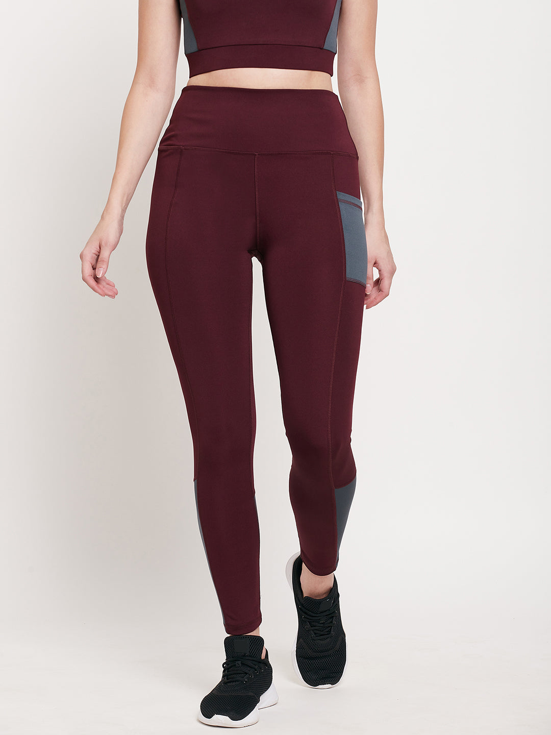 Women wine & grey pocket Slim Fit Rapid-Dry Antimicrobial leggings