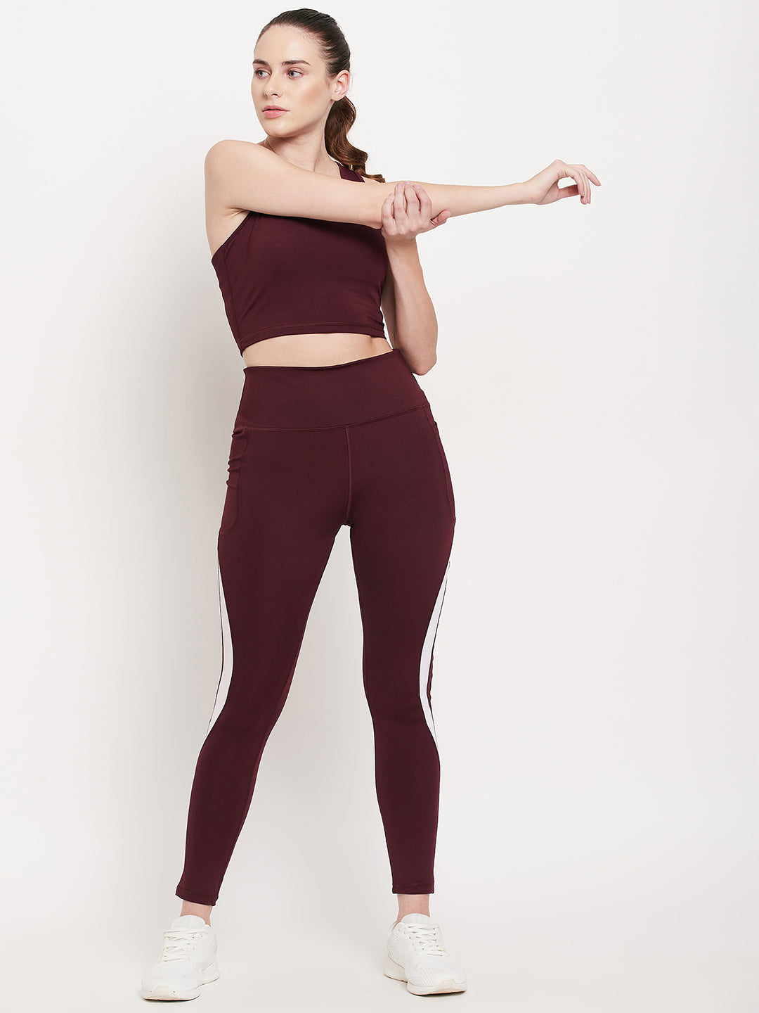 Maroon & white strip legging with pocket-Dry Antimicrobial legging