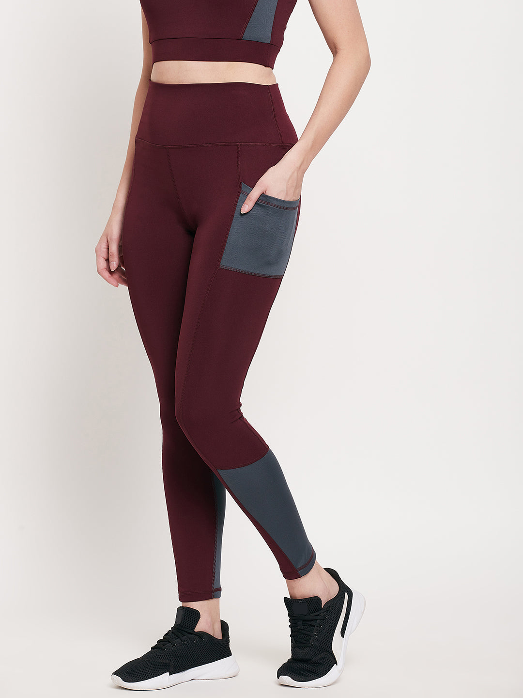 Women wine & grey pocket Slim Fit Rapid-Dry Antimicrobial leggings