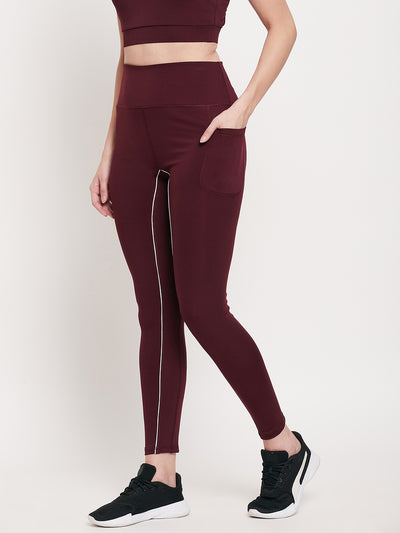 Women Wine & White Lining Slim Fit Rapid-Dry Antimicrobial Legging