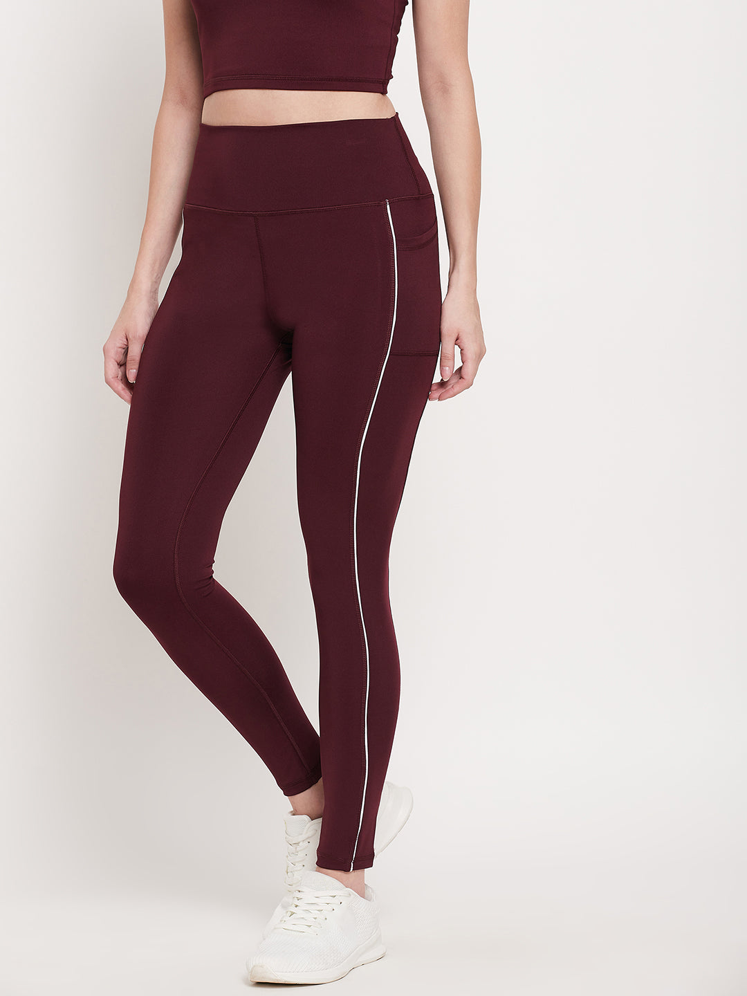 Maroon & White Lining with pocket -Dry Antimicrobial legging