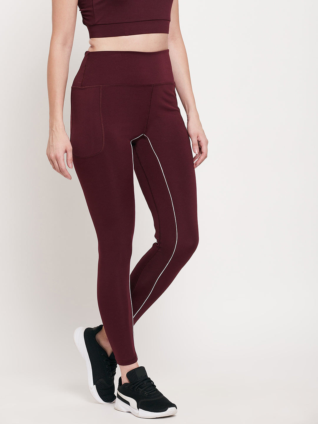 Women Wine & White Lining Slim Fit Rapid-Dry Antimicrobial Legging