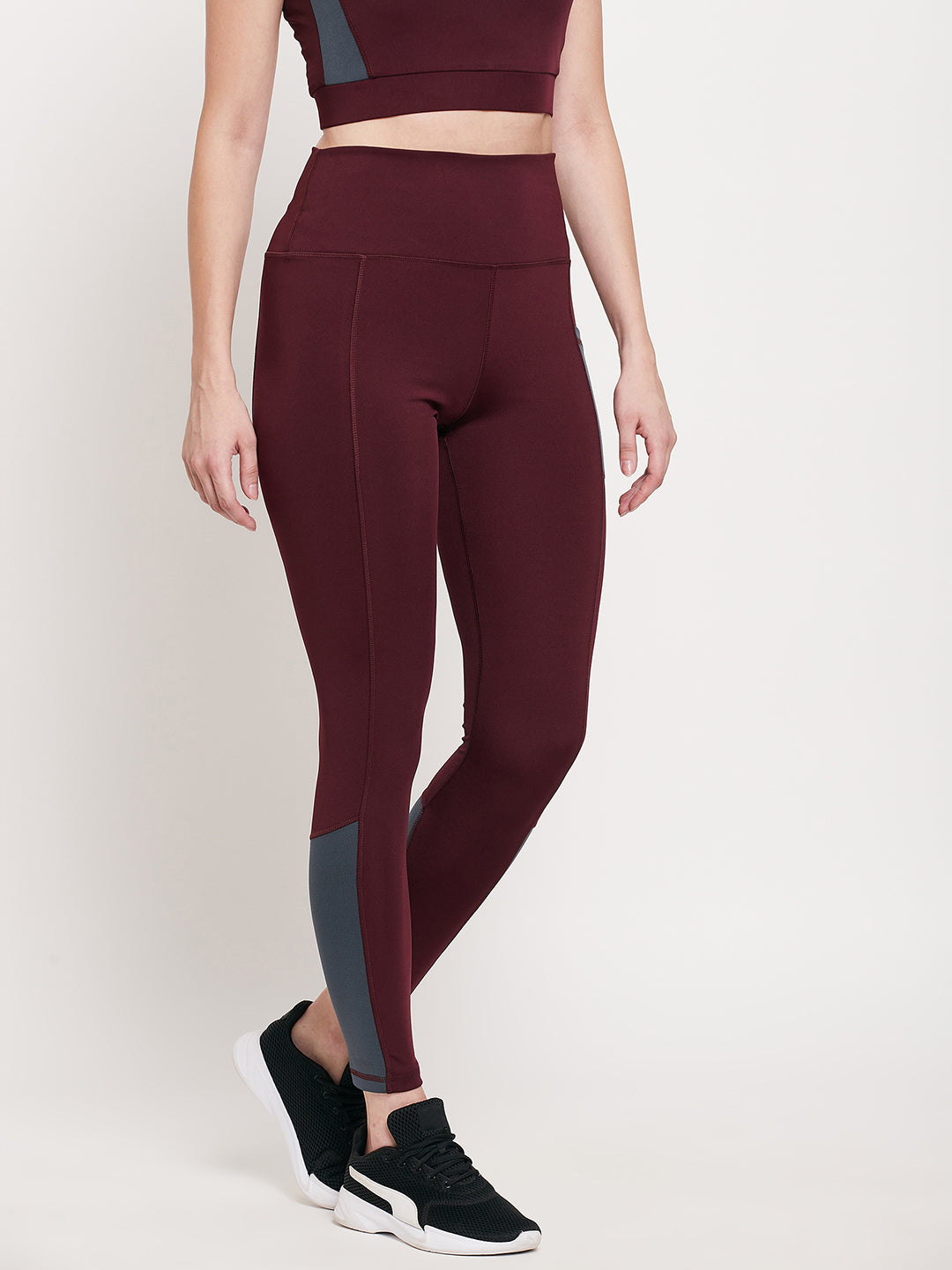 Women wine & grey pocket Slim Fit Rapid-Dry Antimicrobial leggings