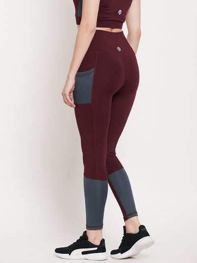 Women wine & grey pocket Slim Fit Rapid-Dry Antimicrobial leggings