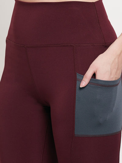 Women wine & grey pocket Slim Fit Rapid-Dry Antimicrobial leggings